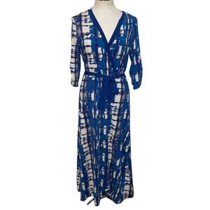 BLACK Saks Fifth Avenue Blue Tie Dye Print Surplice Faux Wrap Maxi Dress Size M